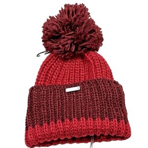 BENCH‎ Chunky Ribbed Knit Pom Pom Beanie Maroon Red One Size Unisex NWT